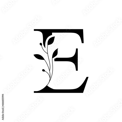 Floral botanical alphabet vintage hand drawn monogram letter E