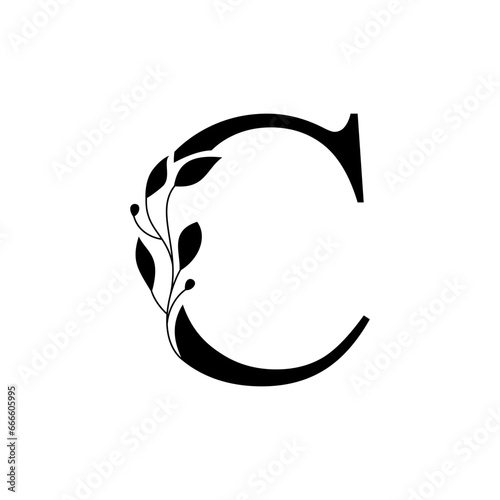Floral botanical alphabet vintage hand drawn monogram letter C