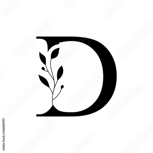 Floral botanical alphabet vintage hand drawn monogram letter D