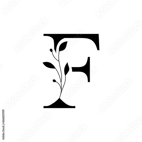 Floral botanical alphabet vintage hand drawn monogram letter F