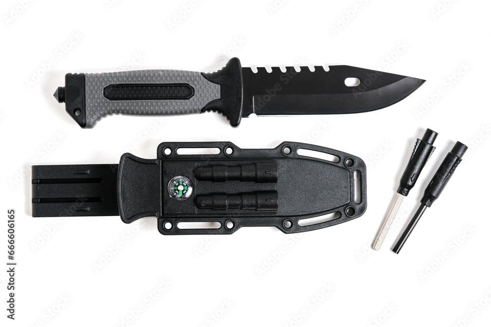 Tactical knife, scabbard and flint with mirror on white background. Tactical knife, scabbard and flint with mirror on white background.