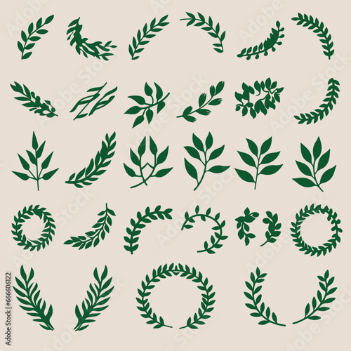 Set of leaves and branches vector silhouette, Simple, 2d flat design. Decorative round floral frames hand drawn. Vintage laurel wreath