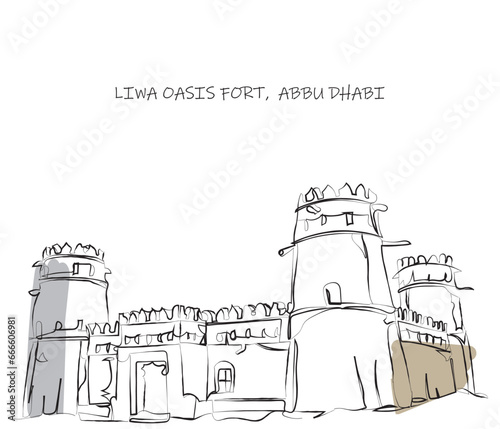 Liwa Oasis fort sketch, Abu Dhabi, UAE Line art