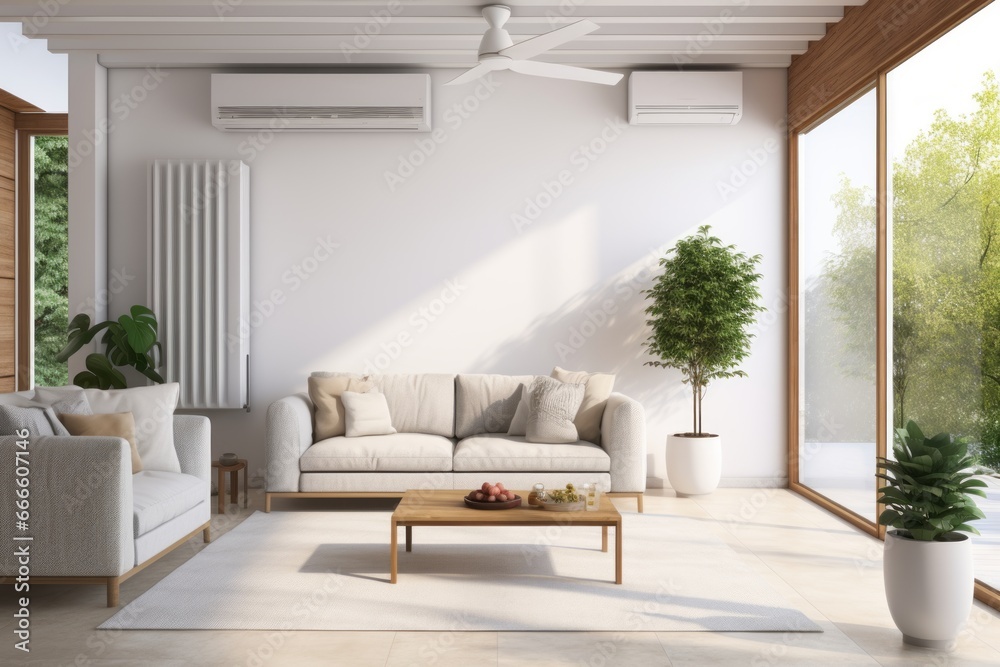 A clean and well-ventilated living room, representing the benefits of a mold-free home environment. Generative AI - obrazy, fototapety, plakaty 