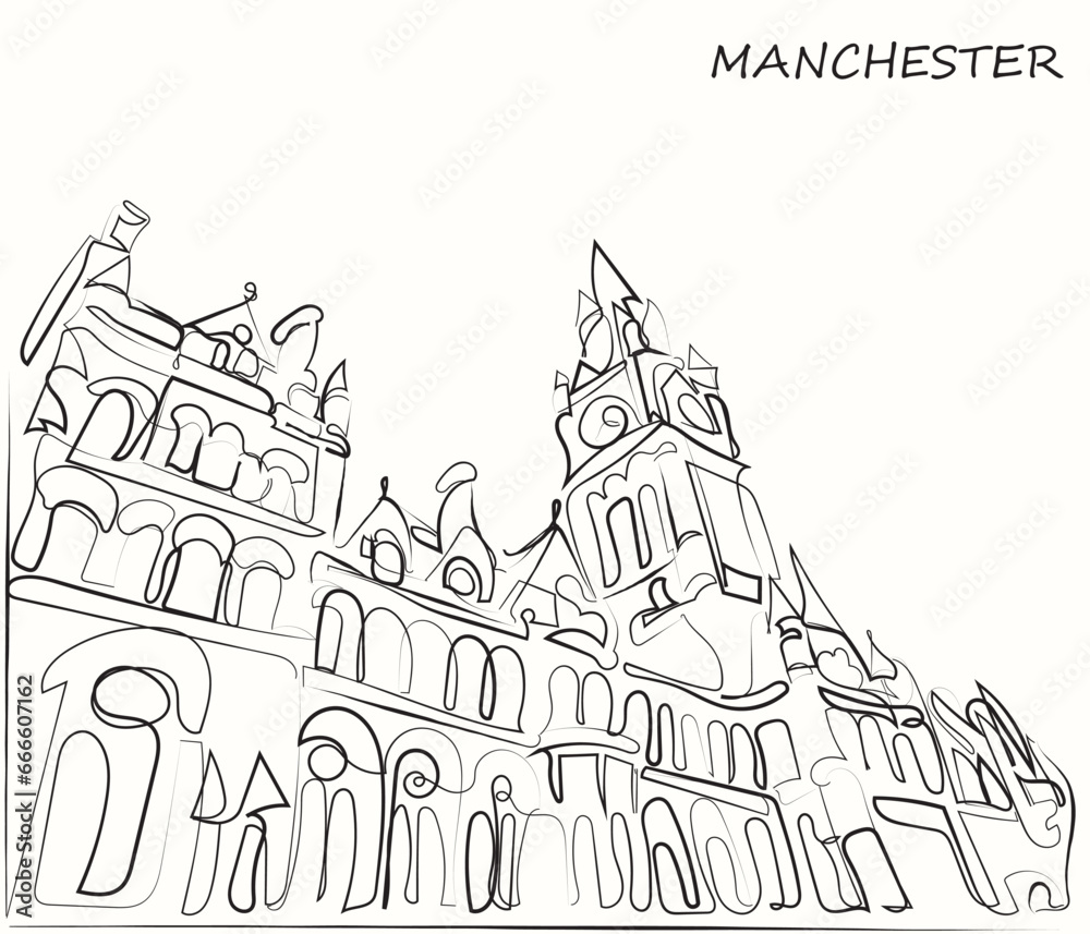 Line Art of façade of Manchester Town Hall England important Landmark