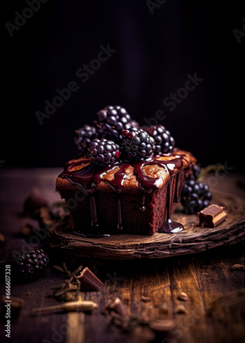 Chocolate brownie with blackberries on rustic wooden surface. Generative Ai