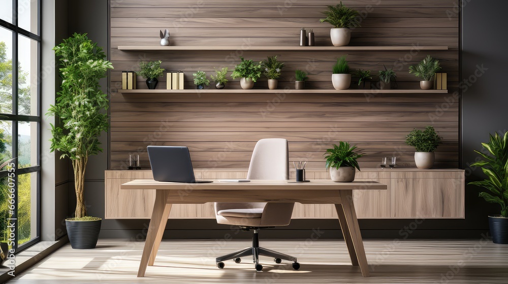 Office with wood walls and wooden desks. Office with wood walls and wooden desks.
