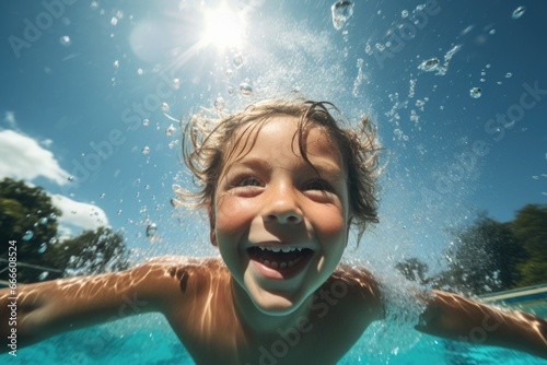 Photo of a happy laughing child swimming in the pool. © koplesya