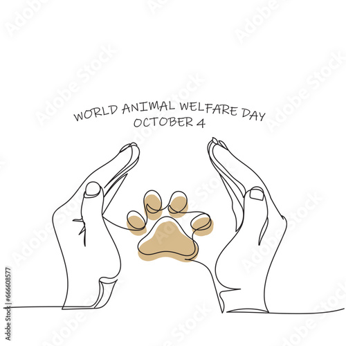 World Animal Welfare day October 4. Wild Life Protection . Animal Paw in Protection of hands line art. Safari Animals. Protect animal habitat. Ecological awareness. Take responsibility.