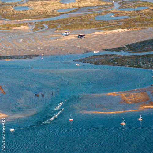 vue aérienne de l'île aux oiseaux et des cabanes tchankés dans le Bassin d'Arcachon en France