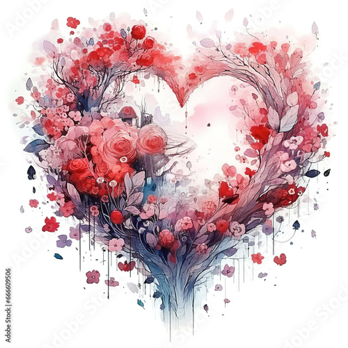 The greeting card is sentimental, symbolic, vintage. cute red heart with birds on Valentine's Day surrounded by flowers, watercolor on a dark background, great wisdom 