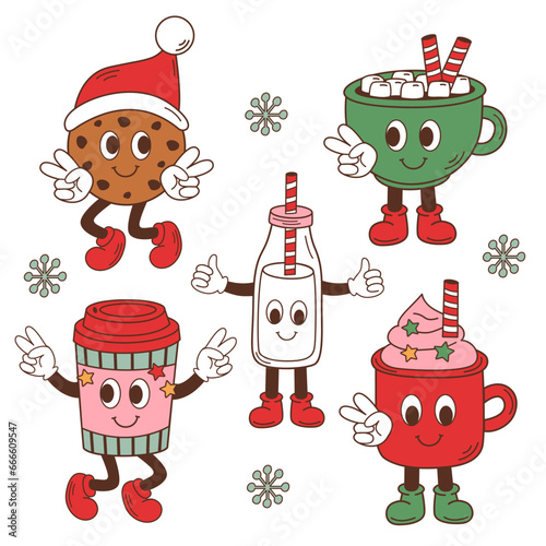 set of isolated groovy Christmas cups, cookies, Santa's milk