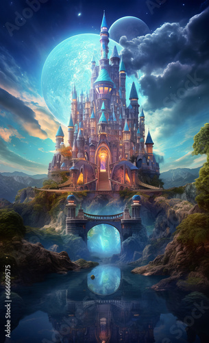 Castle in the sky with the moon, in the style of detailed science fiction illustrations, space themes, hyperrealistic science fiction, surreal narrative © CreativeArt