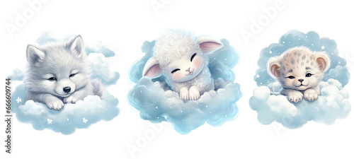 Pastel blue watercolor cute baby animals sleeping on cloud. 