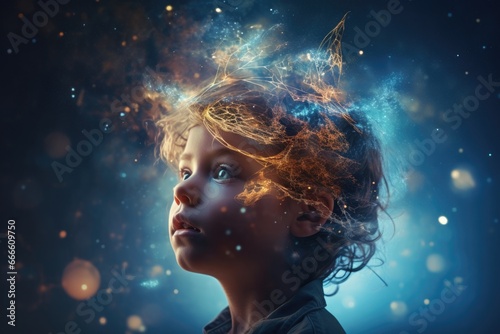 The image of a child is mixed with the image of space and the universe. Child's dreams of space, conquering the universe