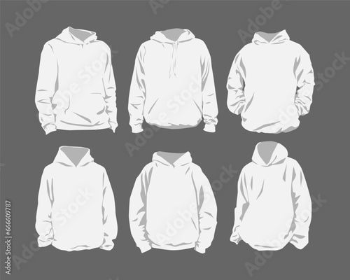set of white hoodies. front look. flat vector illustration.