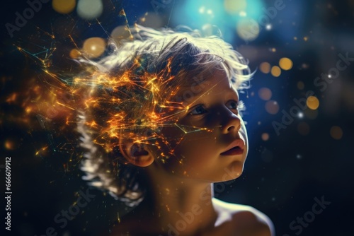 The image of a child is mixed with the image of space and the universe. Child s dreams of space  conquering the universe