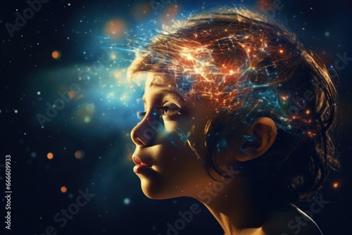 The image of a child is mixed with the image of space and the universe. Child's dreams of space, conquering the universe