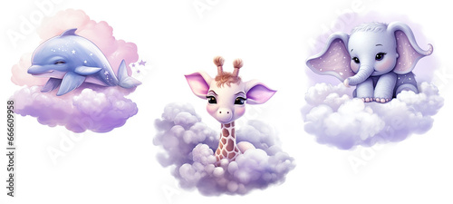 Purple watercolor cute baby animals sleeping on cloud. dolphin, giraffe, elephant, 