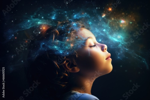 The image of a child is mixed with the image of space and the universe. Child's dreams of space, conquering the universe
