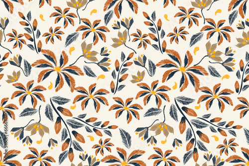 Fabric Pattern Design Boho Flowers. Vintage style wallpaper pattern seamless paisley embroidery blue orange Astra flower motifs vector illustration design .