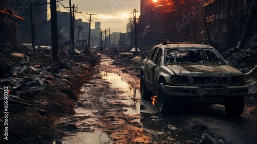 Wrecked car abandoned in an apocalyptic world with everything around it destroyed
