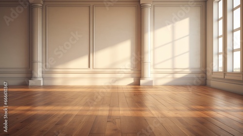 Empty modern room with wooden floor pastel wall and columns and a large window