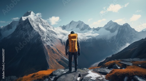 Hiker with backpack reaching mountain peak