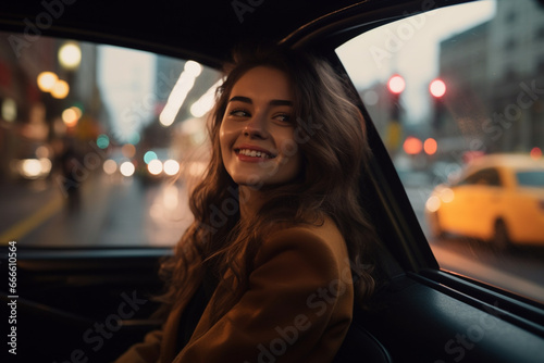 Smiling young woman looking at the city from the backseat of a taxi