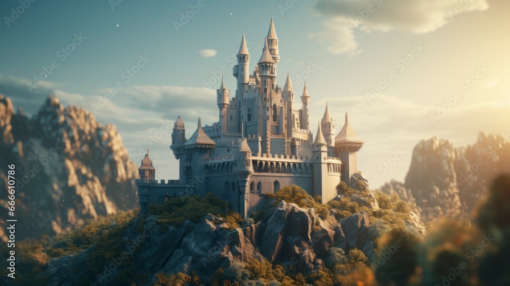 Fairy tale scene of a castle on top of mountain