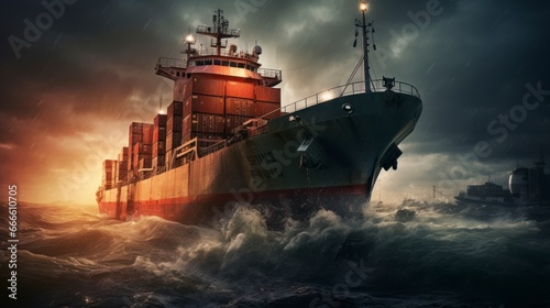  Illustration of a container ship delivering cargo on the high seas with a big storm and waves