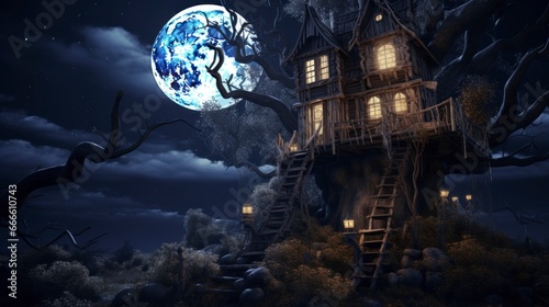 A digital art image of a surreal night scene of a spooky tree house © Iarte