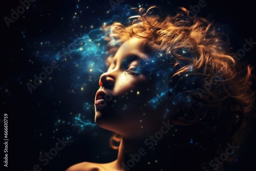 The image of a child is mixed with the image of space and the universe. Child's dreams about space