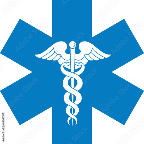 Medical symbol blue caduceus. Star of Life with Rod of Asclepius. Medical Snake logo icon isolated on white background. First aid. Emergency symbol. Vector illustration.