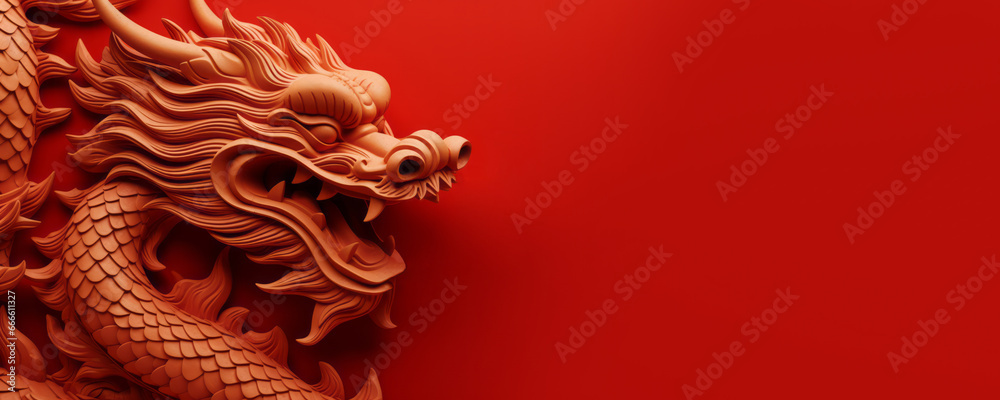 Festive New Year's background with a red wooden dragon. The symbol of the new year 2024. Banner with place for text. Festive New Year's background with a red wooden dragon. The symbol of the new year 2024. Banner with place for text.