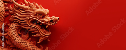 Festive New Year's background with a red wooden dragon. The symbol of the new year 2024. Banner with place for text.