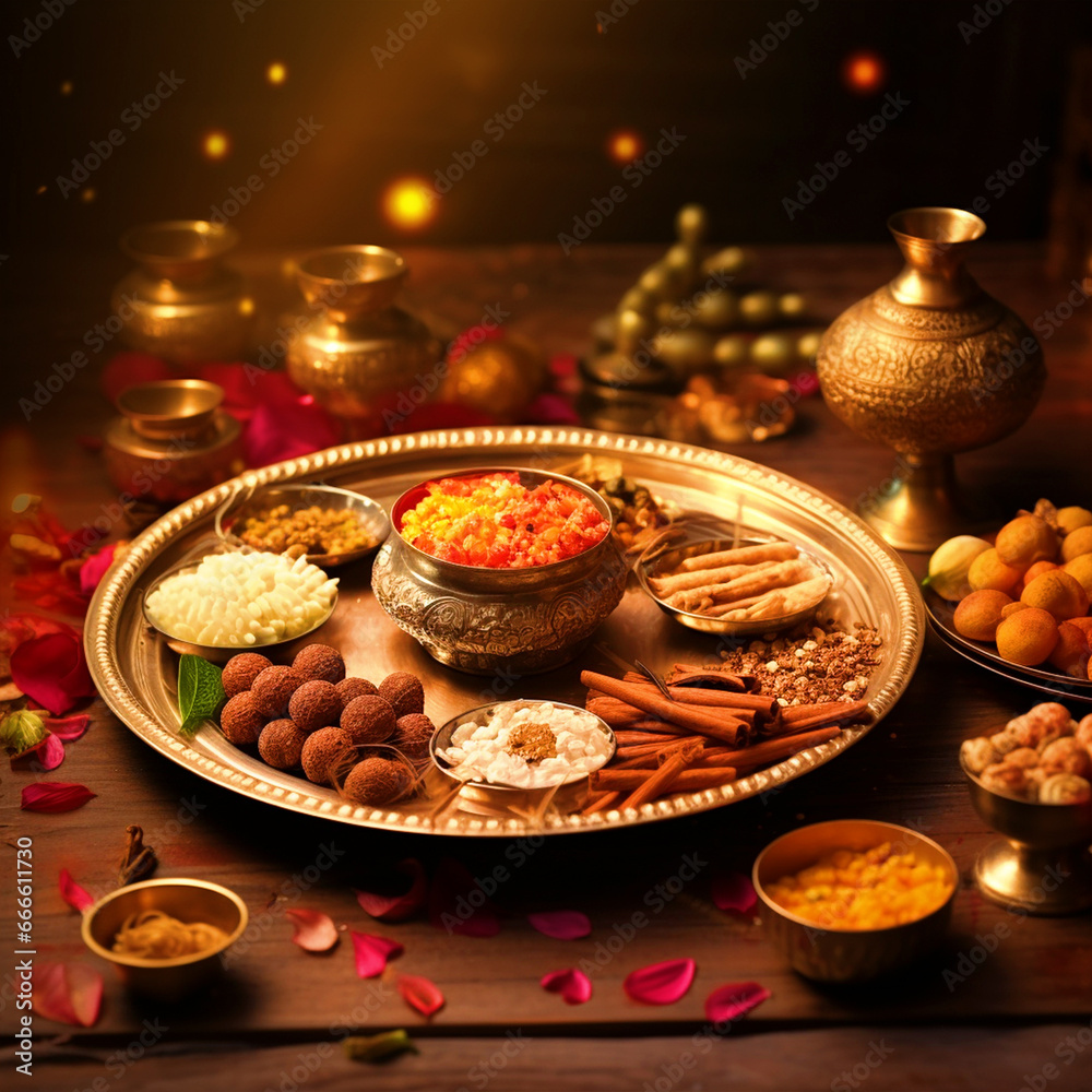 Decorated Pooja thali background - ai generative Decorated Pooja thali background - ai generative