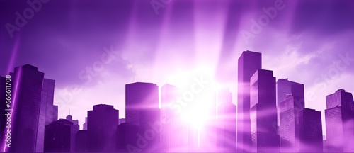 Purple colored business concept with buildings and rays of light background from Generative AI