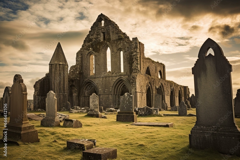 Ancient cathedral ruins amidst tombstones on Cashel Rock, Ireland. Generative AI - obrazy, fototapety, plakaty 