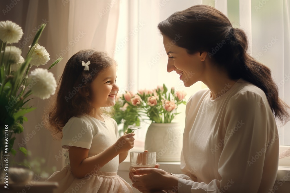 Cute little girl greeting mother and Mom enjoying in daughter's affection at home. Mother's day concept. Cute little girl greeting mother and Mom enjoying in daughter's affection at home. Mother's day concept.