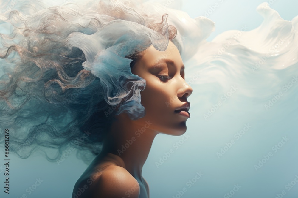 The abstract image of a woman is mixed with the image of the ocean. Unity with nature, peace and tranquility. Double exposure