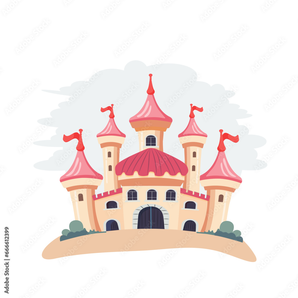 Childish print with castle. Ready design for poster, card, kids apparel. Vector illustration. 