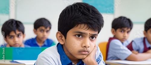 Portrait of a unhappy indian boy student with blurred modern school classroom background from Generative AI