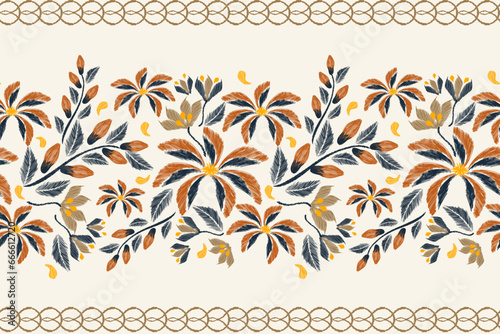Floral Ikat pattern seamless paisley embroidery with blue orange  flower motifs. Ethnic pattern oriental traditional style. Ikat pattern seamless vector illustration design .