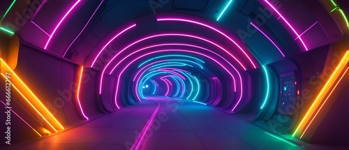 Futuristic dark tunnel room with glowing colorful neon laser lights from Generative AI
