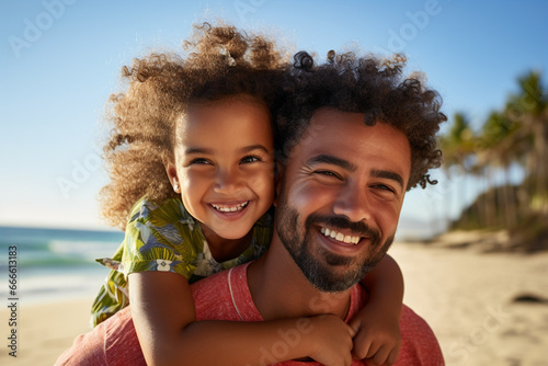Smiling mixed race single father carrying little daughter on piggyback with copyspace, Adorable, happy, hispanic girl bonding with parent and kissing cheek on beach, Man and child enjoying free time