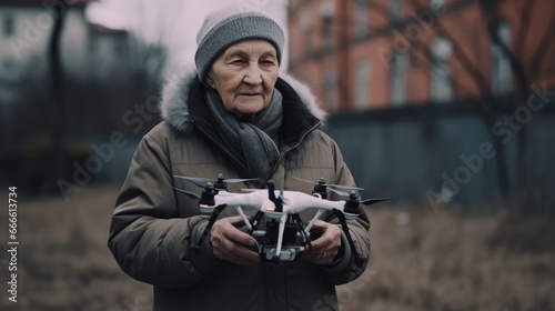 An elderly woman surrounded by drones.