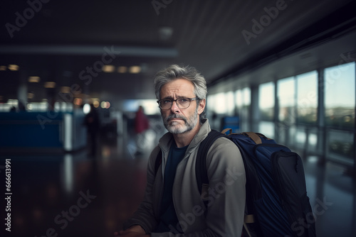 Mid age man upset, sad and disappointed, traveler with backpack with flight delay or canceled at the airport terminal. Traveling missing airplane cancellation concept