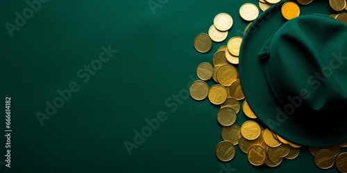 Flat Lay: Green Hats and Gold Coins with Generous Empty Space for Customization photo