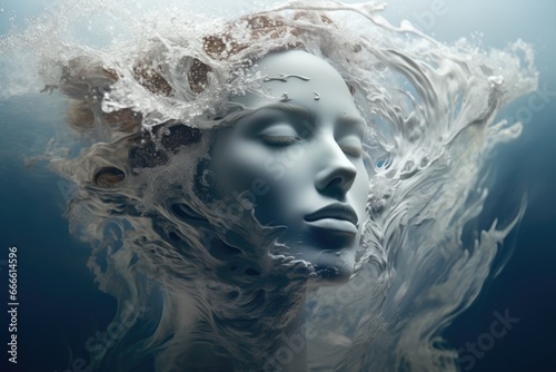 The image of a calm woman is mixed with the image of the ocean. Abstract image of a woman. Wednesday. Unity with nature.